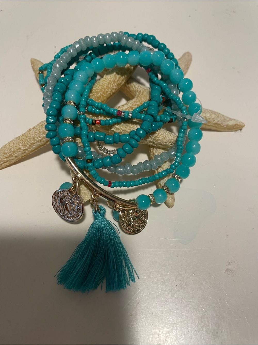 Turquoise Beaded Tassel Charm Bracelet Set - Unknown Brand